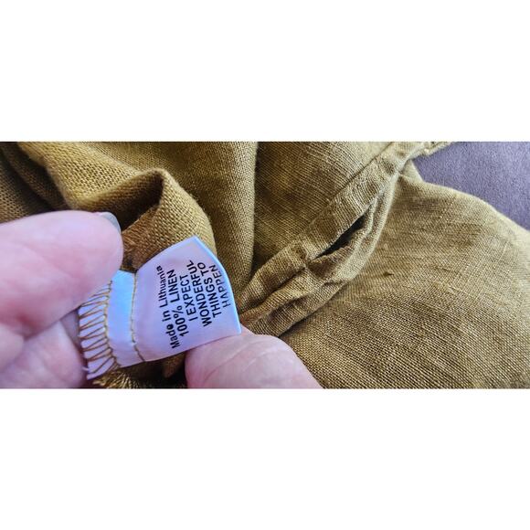 FLAX Chartruese Mustard Brown Linen Lagenlook V Neck Long Sleeve Tunic Top Small - Picture 5 of 6